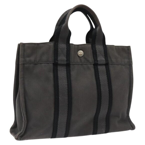HERMES Fourre Tout PM Hand Bag Canvas Black Gray Silver Auth ti2941 - Picture 1 of 14